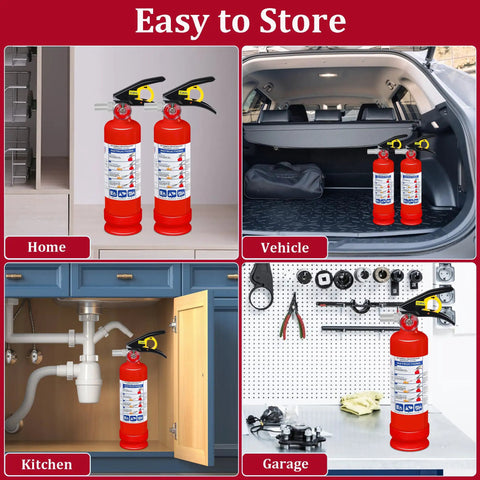 Four images showing Six Pack 2.5 Lb ABC Dry Chemical Fire Extinguishers With Quick Release Handle in various settings like home, car, kitchen, and garage.