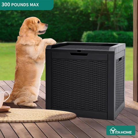 Dog next to 32 Gallon Outdoor Storage Box With Lockable Lid And Side Handles, Waterproof Resin Rattan Deck Box on patio