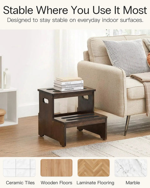 Rock Solid Bamboo Two Step Stool For Adults And Seniors 400 Pound Heavy Duty Workhorse With Non Slip Pads And Extra Wide Standing Platform in living room setting.