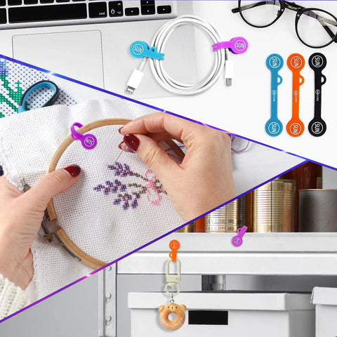 10 Pack Magnetic Cable Organizers Clips For Earbuds And Cords in use on desk, embroidery hoop, and fridge, assorted colors shown