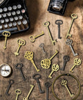 Universal Skeleton Key Set 20Pcs For Antique Locks That Fit Vintage Furniture Jewelry Boxes Curio Cabinets And Old Doors Lock Replacement Easy DIY High Success Rate No Locksmith Needed spread on wood surface with vintage camera