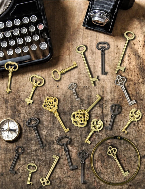 Universal Skeleton Key Set 20Pcs For Antique Locks That Fit Vintage Furniture Jewelry Boxes Curio Cabinets And Old Doors Lock Replacement Easy DIY High Success Rate No Locksmith Needed spread on wood surface with vintage camera