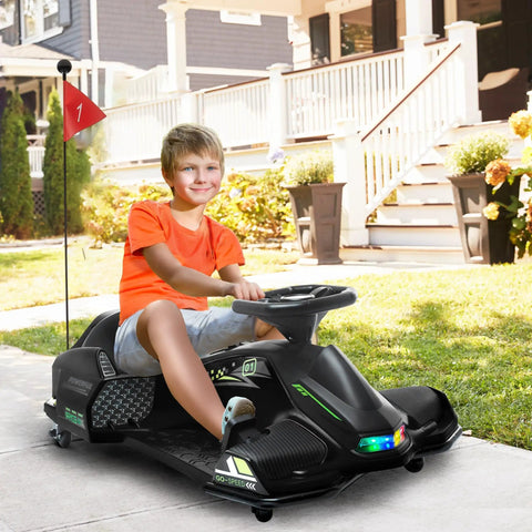 Child riding 12V Electric Kids Go Kart Drift Car With Slow Start Music And Colorful Lights Outdoor Ride On Toy For Ages 8 To 12