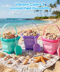 3 Piece Collapsible Beach Bucket Set With Shovels Foldable Sand Toys For Kids Travel Beach Gear Outdoor Summer Fun Camping And Vacation Essentials Purple Pink And Blue, shown on sandy beach with seashells and starfish.