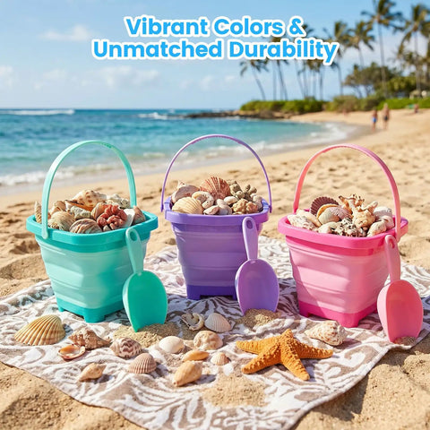 3 Piece Collapsible Beach Bucket Set With Shovels Foldable Sand Toys For Kids Travel Beach Gear Outdoor Summer Fun Camping And Vacation Essentials Purple Pink And Blue, shown on sandy beach with seashells and starfish.