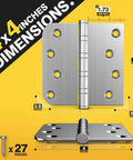 Ball Bearing Door Hinges 4x4 Inches Square Corner Five Eighths Radius Heavy Duty Stainless Steel Brushed Nickel dimensions diagram