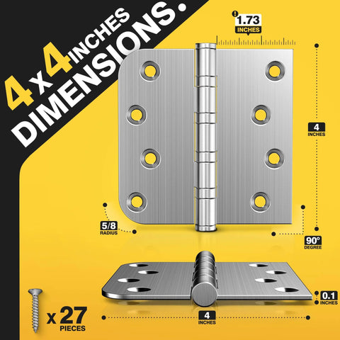 Ball Bearing Door Hinges 4x4 Inches Square Corner Five Eighths Radius Heavy Duty Stainless Steel Brushed Nickel dimensions diagram