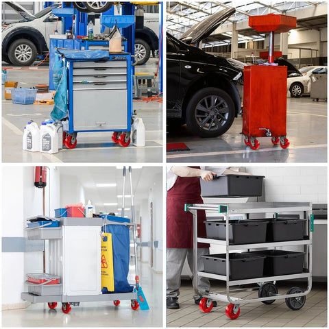 Caster Set Four Inch By One And One Half Inch Solid Polyurethane Wheels Heavy Duty Casters on toolboxes and carts in workshop setting
