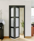 36x80 3 Lite Frosted Glass Bifold Closet Door Set With Hardware Kit, pre-assembled in a home, black finish, PVC surface.
