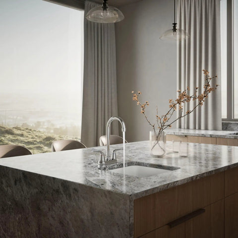 Jolt 2-Handle Bar Faucet Polished Chrome Deck Mounted Widespread 3-Hole Kitchen Sink Faucet in modern kitchen setting.