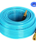 Quarter Inch X 100 Feet Reinforced Polyurethane Air Compressor Hose With 300 Psi Quick Connect Coupler and Plug Kit blue coiled for smooth use.