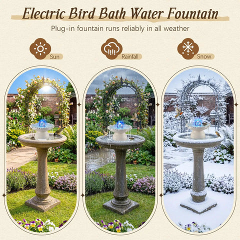 Outdoor Bird Bath Fountain With LED Light And 5W Submersible Pump Crystal Ball Accent in garden during different weather conditions