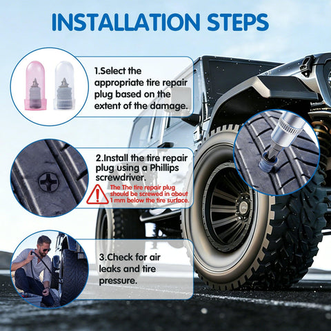 Installation steps for 60 Piece Tubeless Tire Repair Kit With Screw In Rubber Nails in Two Sizes for Quick Roadside Emergency