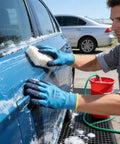 Person washing car wearing Waterproof Work Gloves With Hycool Grip Fully Dipped Latex For Dry Hands Slip Resistant Dexterity For Construction Gardening And Tech Work 3 Pairs Medium Blue Tough Comfortable All Weather PPE