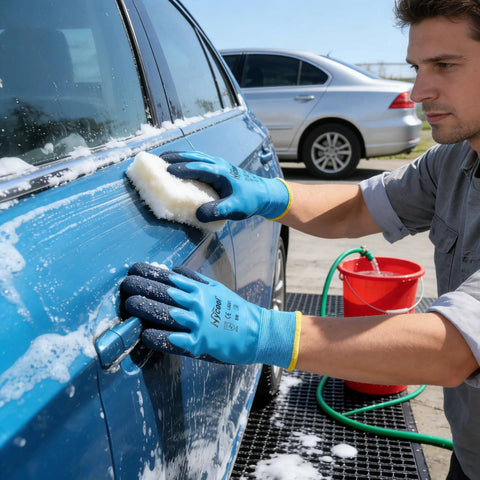 Person washing car wearing Waterproof Work Gloves With Hycool Grip Fully Dipped Latex For Dry Hands Slip Resistant Dexterity For Construction Gardening And Tech Work 3 Pairs Medium Blue Tough Comfortable All Weather PPE