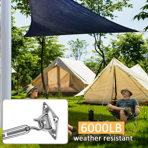 Outdoor setup with a sun shade sail, tents, and inset of marine-grade stainless steel hardware kit, part of a 33 Piece Kit for sails.