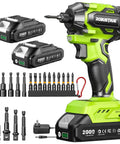 21V Cordless Impact Driver Kit with Brushless Motor, two 2Ah batteries, 20 screwdriver bits, and charger, for automotive work and heavy-duty fastening.