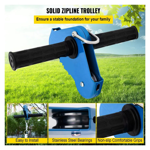60 To 80 Foot Backyard Zip Line Kit With Swing Seat And Steel Trolley, Spring Brake System, close-up of solid zipline trolley handle