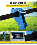 Backyard Zip Line Kit 60 Or 80 Feet With Swing Seat Steel Trolley Spring Brake And Safety Gear for families, close up of blue trolley handle