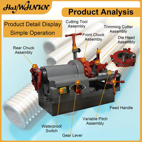 Plug And Play Heavy Duty Electric Pipe Threader Machine 1/2 To 3 Inch With Npt Dies 110V Power Tool detailed assembly view.