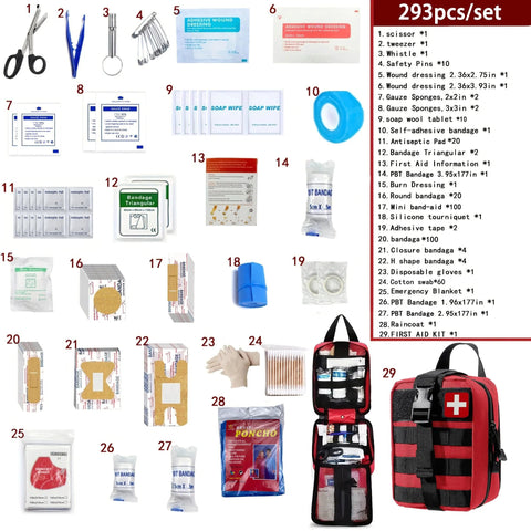 First aid kit set, 293 pieces, red MOLLE pouch and emergency backpack with assorted medical supplies