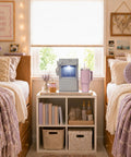 Legit Nugget Ice Maker, Portable Countertop Pellet Ice Machine in stone grey on a nightstand between two beds, perfect for dorms.