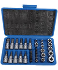 Grip Tight 34 Piece Socket Wrench Tool Set Featuring Knockout 3 In 1 Drive System with chrome vanadium bits in blue case.