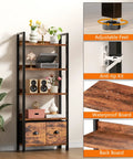 Badass Heavy Duty Five Tier Bookshelf With Deep Storage Drawers, Tall Industrial Wood Metal Display Rack, Rustic Brown Finish showcasing adjustable feet and waterproof board.