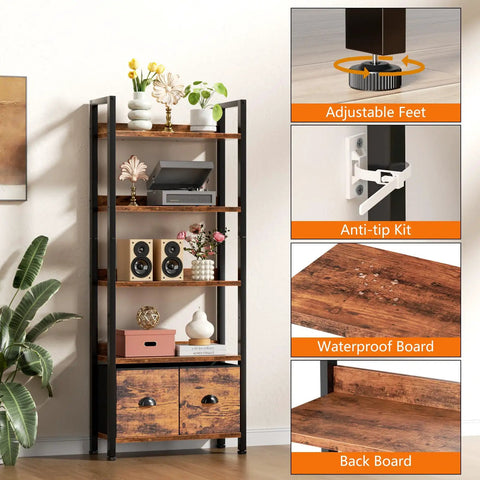 Badass Heavy Duty Five Tier Bookshelf With Deep Storage Drawers, Tall Industrial Wood Metal Display Rack, Rustic Brown Finish showcasing adjustable feet and waterproof board.