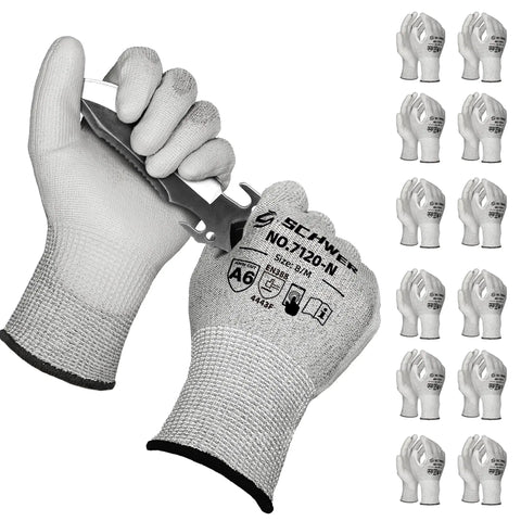 Grippy Cut Resistant Gloves ANSI A6 A7, 12 Pairs Touchscreen Ready Work Gloves for Woodworking, Glass Cutting, Construction, Auto Repair