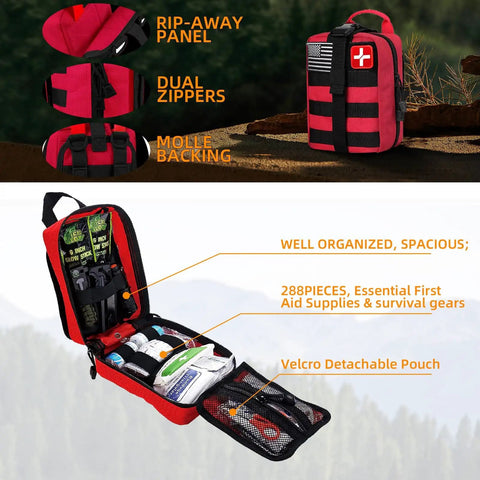 Outdoor First Aid Kit With 288 Pieces MOLLE Medical Pouch, Beast Mode Survival Gear, open view showing organized medical supplies.