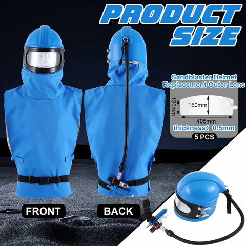 All In One Sandblaster Helmet Kit With Thermostat, Five Replacement Outer Lenses, Shoulder Protector And Hood, front and back view.