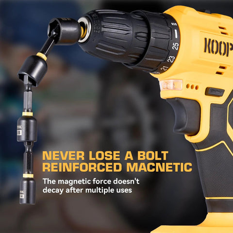 Go To Magnetic Impact Nut Driver Set With Metric And SAE Bits attached to a drill showcasing magnetic connection in use