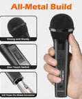 Hand holding Wired Dynamic Microphone For Singing With On Off Switch, Cardioid Studio Mic showing all-metal body construction and features.