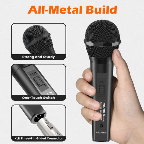 Hand holding Wired Dynamic Microphone For Singing With On Off Switch, Cardioid Studio Mic showing all-metal body construction and features.