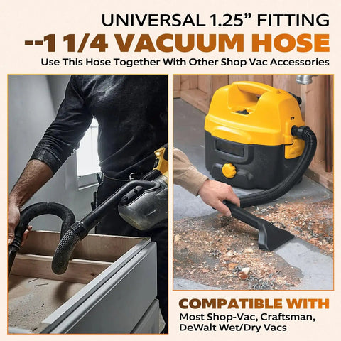 Flexible One And A Quarter Inch Diameter Four Foot Vacuum Hose Replacement For Wet And Dry Vacuums, Tough Vinyl Build shown in use.