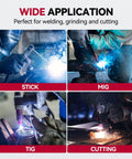 Stick, MIG, TIG, and cutting welding examples using Auto Darkening Welding Helmet With 180 Degree Panoramic View.