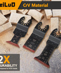 Beefy 70mm Japanese Teeth Oscillating Saw Blades Set 15 Pcs on wood, featuring CRV material with extra long multitool blades.
