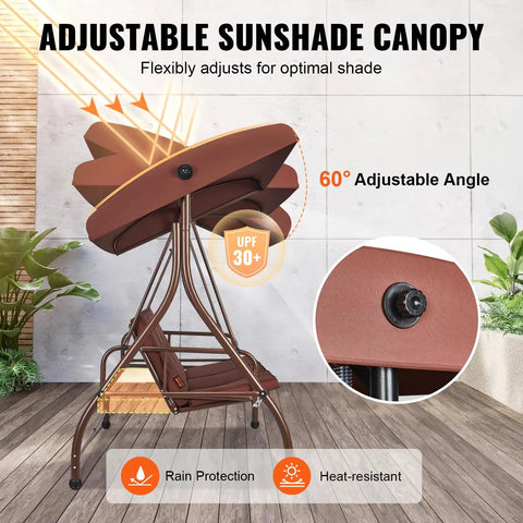Adjustable canopy on Three Seat Outdoor Patio Swing Chair With Removable Thick Cushion and Alloy Steel Frame