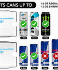 Tall Skinny Can Organizer And Dispenser For Fridge And Pantry Clear Set Of 2 Holds 12 Oz Skinny Cans And 16 Oz Regular Cans Stackable Design For Easy Visible Canned Drink Storage with dimensions and can size compatibility displayed.