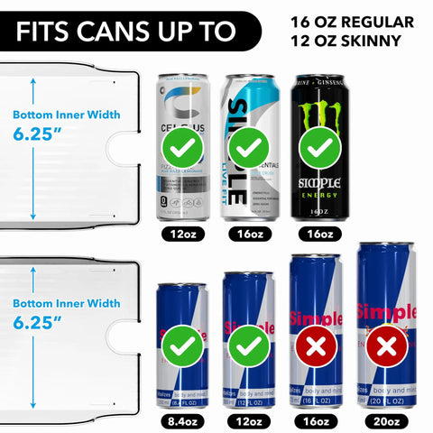 Tall Skinny Can Organizer And Dispenser For Fridge And Pantry Clear Set Of 2 Holds 12 Oz Skinny Cans And 16 Oz Regular Cans Stackable Design For Easy Visible Canned Drink Storage with dimensions and can size compatibility displayed.