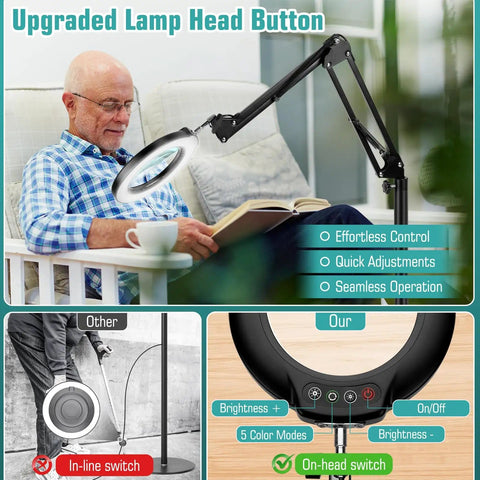 10X Real Glass Magnifying Glass With Light And Stand, man using 4.3 inch lens lamp with swing arm and clamp on sofa