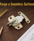 Built Tough Table Leaf Latches Rock Solid Extension Connectors Zero Fuss Assembly Galvanized Steel satin finish latch on wood surface.