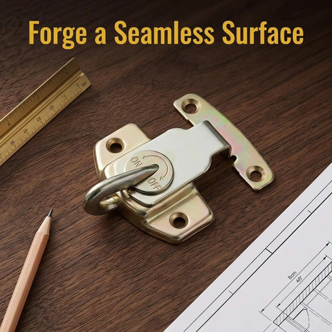 Built Tough Table Leaf Latches Rock Solid Extension Connectors Zero Fuss Assembly Galvanized Steel satin finish latch on wood surface.