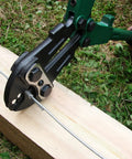 18 inch hand crimper from a 4 Slot Crimping Swaging Tool Kit for heavy duty high tensile wires and cables on wooden plank