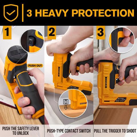 Three-step safety lock process of Electric Stapler And Nail Gun Kit For DIY Projects And Upholstery Corded 120V