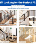 Composite image showing various railing systems: Black Surface Mount, Black Side Mount, Brushed Surface Mount, and Wood System.