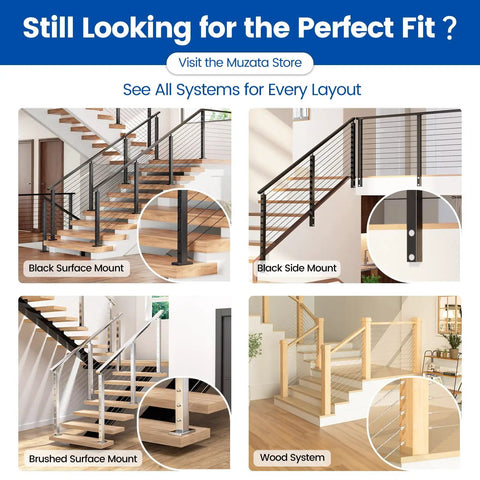 Killer Black Cable Railing Post Surface Mount Deck Railing Kit Pre Drilled Level Holes shown in modern stair layout.