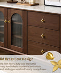 Solid Brass Gold Cabinet Knobs 4 Pack With Star Backplates on dark wood dresser in modern interior setting