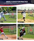 7x7 Ft Baseball And Softball Practice Net With Bow Frame For Batting Hitting And Pitching Portable Backyard Ready Pro Grade Throwing Net With Strike Zone Heavy Duty Steel Rods Durable 7 Ply Polyester Mesh Carry Bag For Indoor Outdoor Use shown in various sports like cricket, softball, baseball, and hockey.